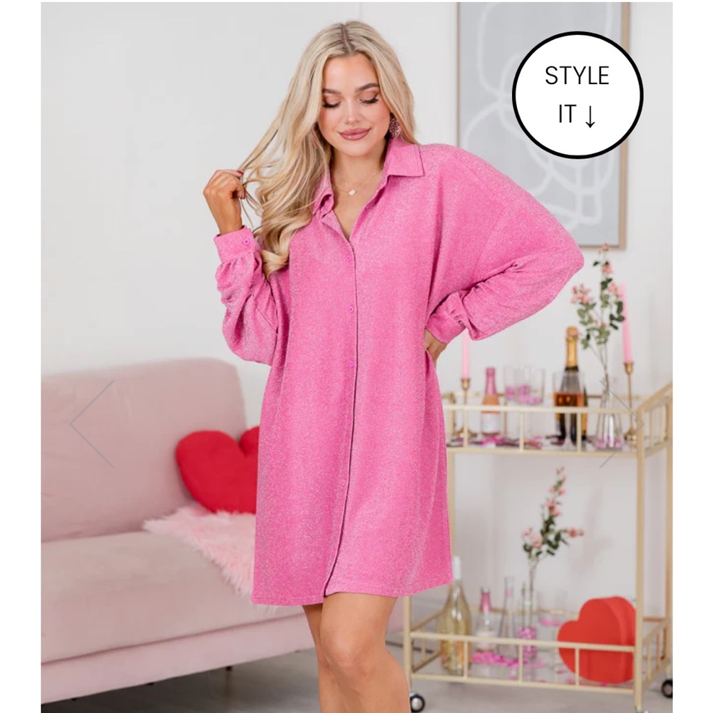 Pink Lily XS Forever Crushing Pink Shimmer Long Sleeve Mini Dress - Picture 3 of 7